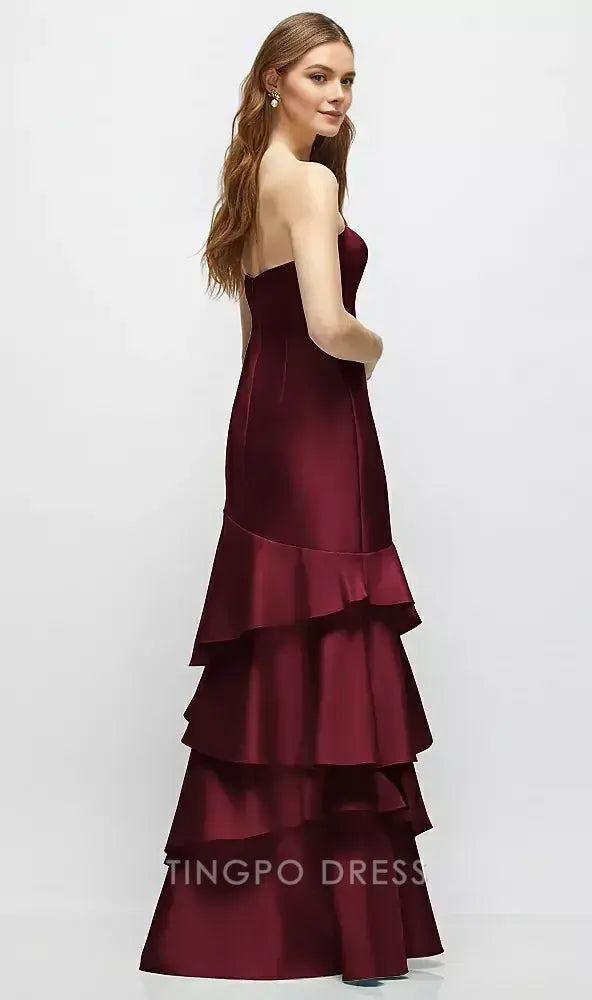 Elegant Strapless Tiered Ruffled Satin Mermaid Floor-Length Maxi Dress Prom Dress